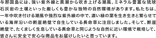 与那国島には、強い紫外線と黒潮から吹き上げる潮風、ミネラル豊富な琉球石灰岩の土壌といった厳しくも豊かな独特の自然環境があります。私たちは、一年中吹き付ける潮風や強烈な紫外線の中で、濃い緑の葉を生き生きと繁らせている海岸沿いの断崖絶壁で自生している長命草に注目しました。そして、断崖絶壁で、たくましく生息している長命草と同じような自然に近い環境で栽培して、皆さんに安全で安心な商品をお届けしたいと思っています。